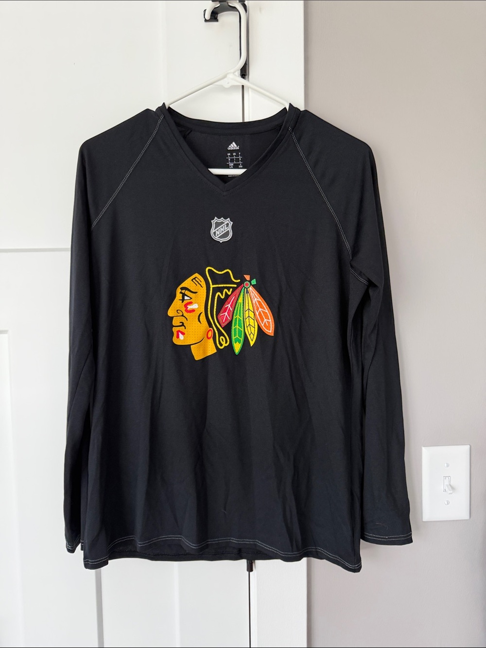 adidas Black Chicago Blackhawks Long-Sleeve V-Neck Shirt with Team Crest